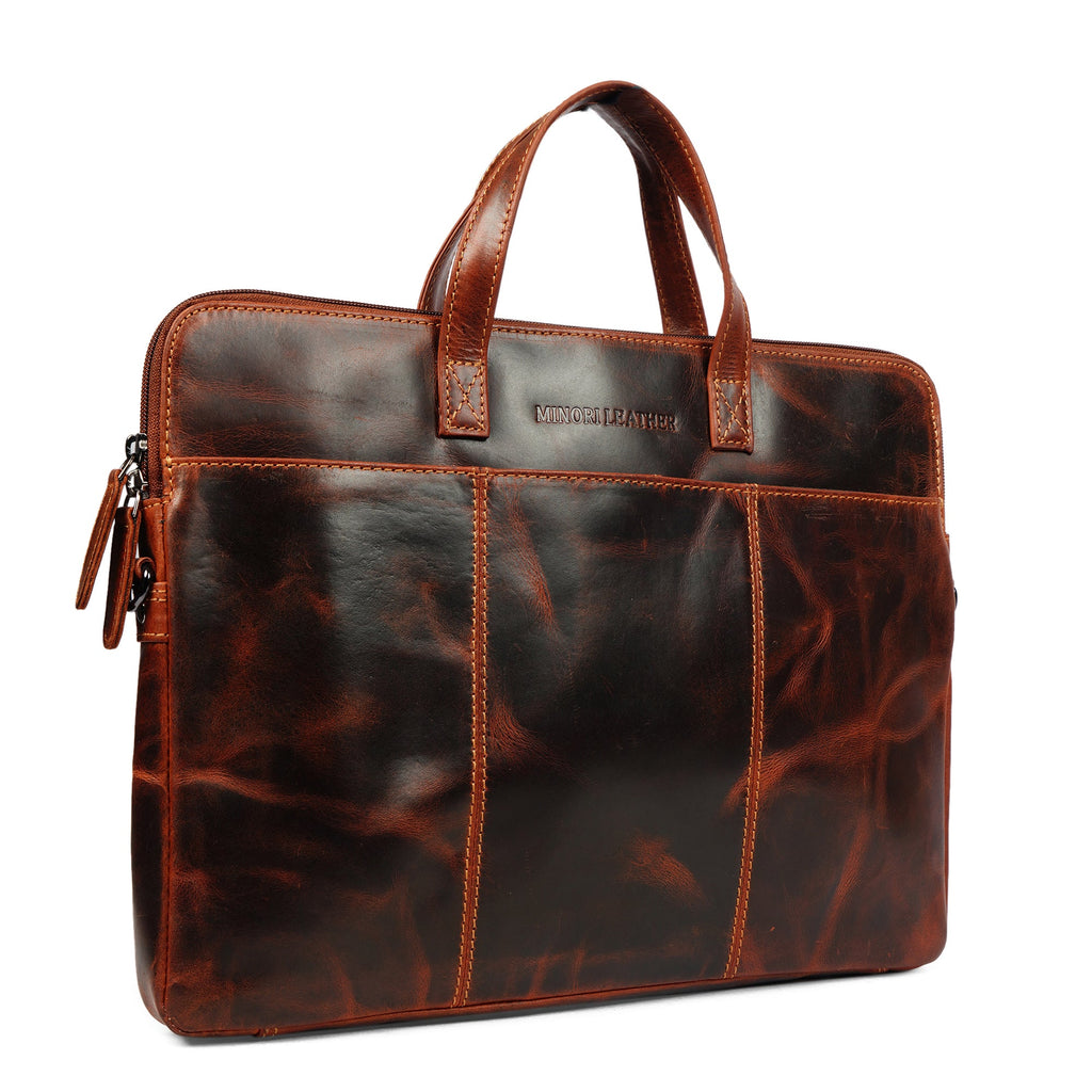 Minori Leather Atlas Leather Laptop Sleeve 14-inch in chestnut, unisex design with smooth leather exterior and slim profile.