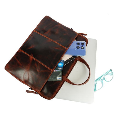 Minori Leather Atlas Leather Laptop Sleeve 14-inch in chestnut, unisex design with smooth leather finish and sleek style.