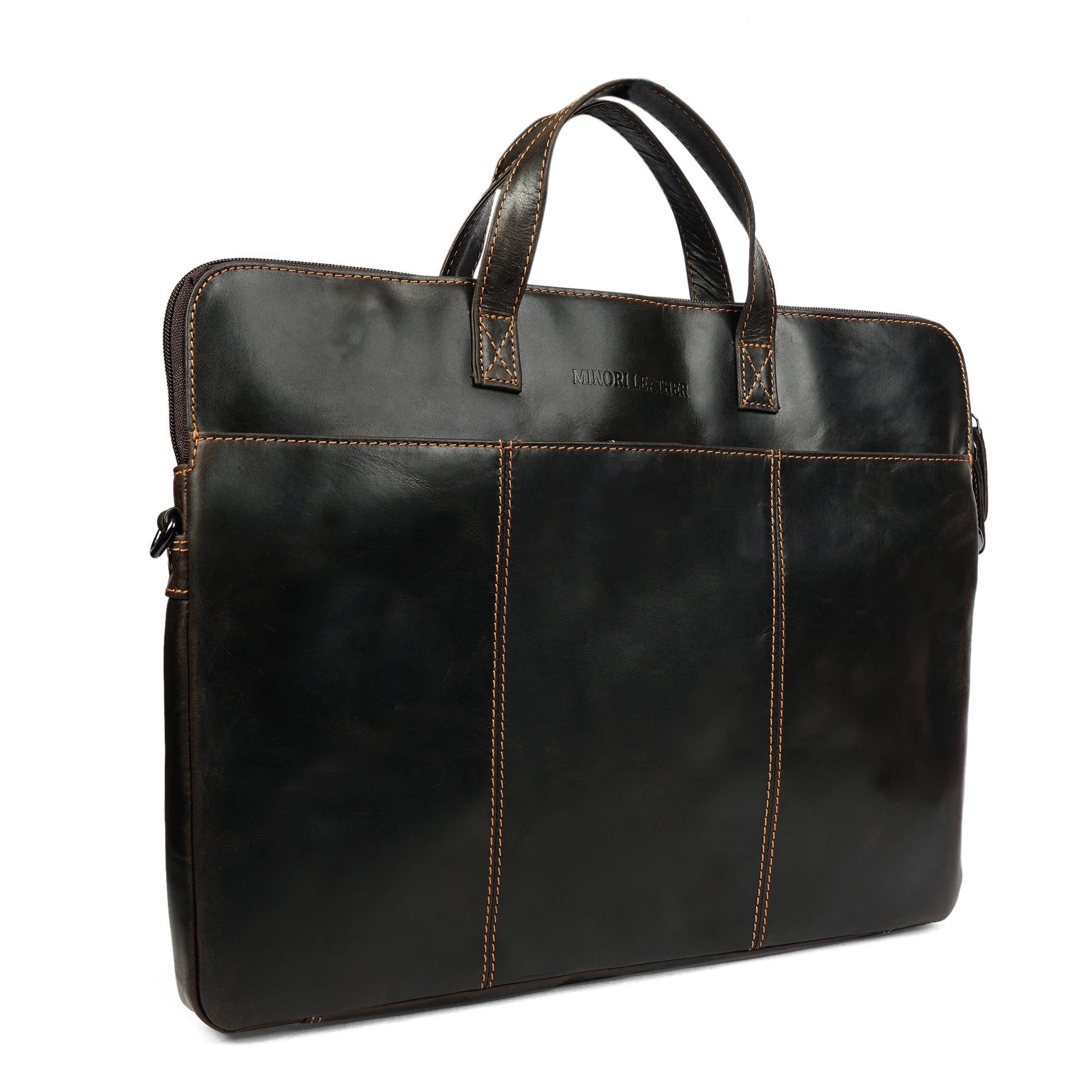 Brown Minori Leather Atlas 14-inch unisex laptop sleeve with sleek leather exterior and minimalistic design.