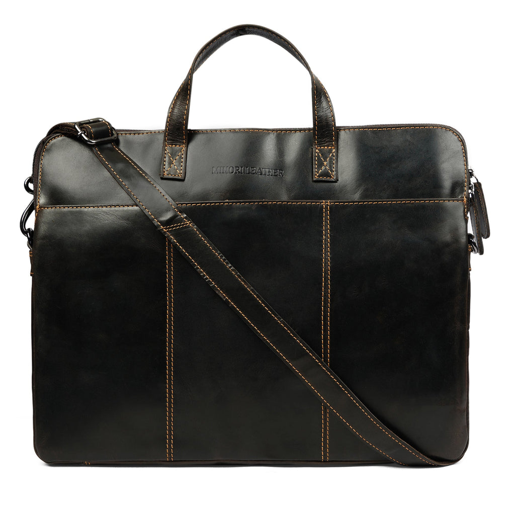 Brown Atlas Leather Laptop Sleeve for 14-inch laptops by Minori Leather, featuring a sleek, unisex design with durable leather.