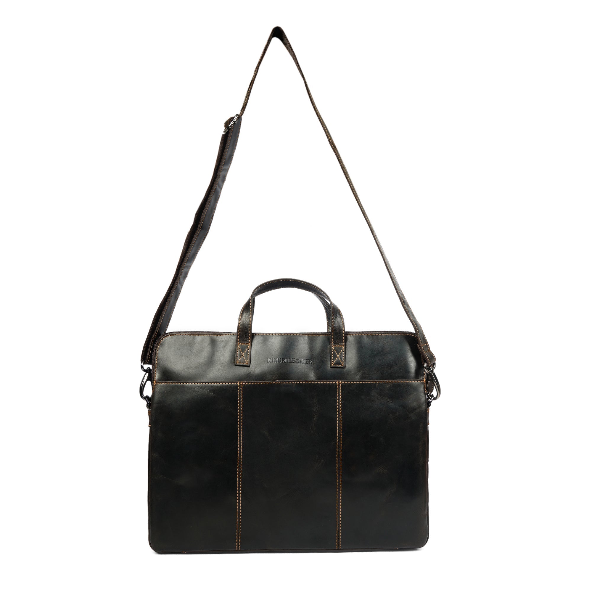 Brown Atlas Leather Laptop Sleeve for 14-inch laptops by Minori Leather, showing the sleek, unisex design with smooth leather finish.
