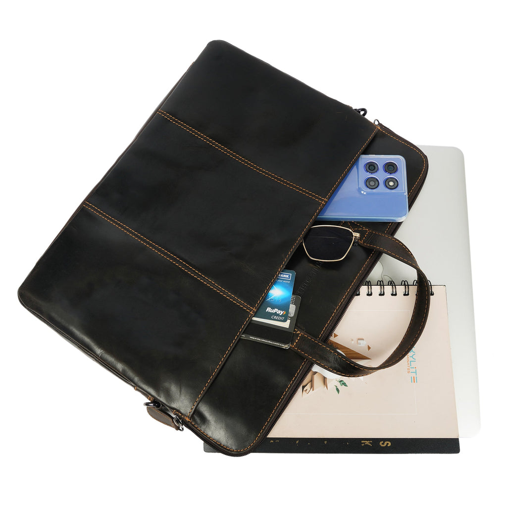 Brown Atlas Leather Laptop Sleeve for 14-inch laptops by Minori Leather, unisex design with smooth leather finish.
