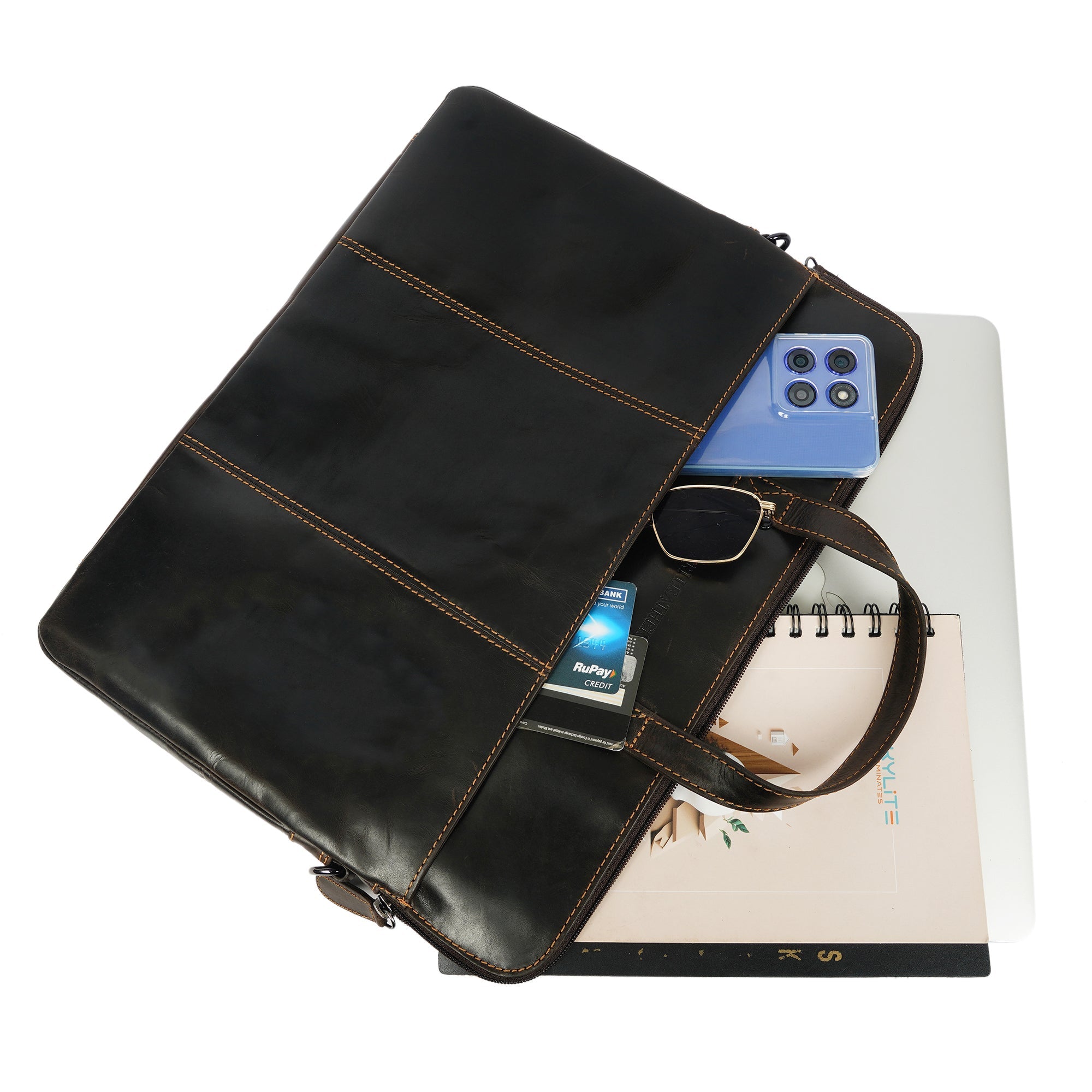 Brown Atlas Leather Laptop Sleeve for 14-inch laptops by Minori Leather, unisex design with smooth leather finish.