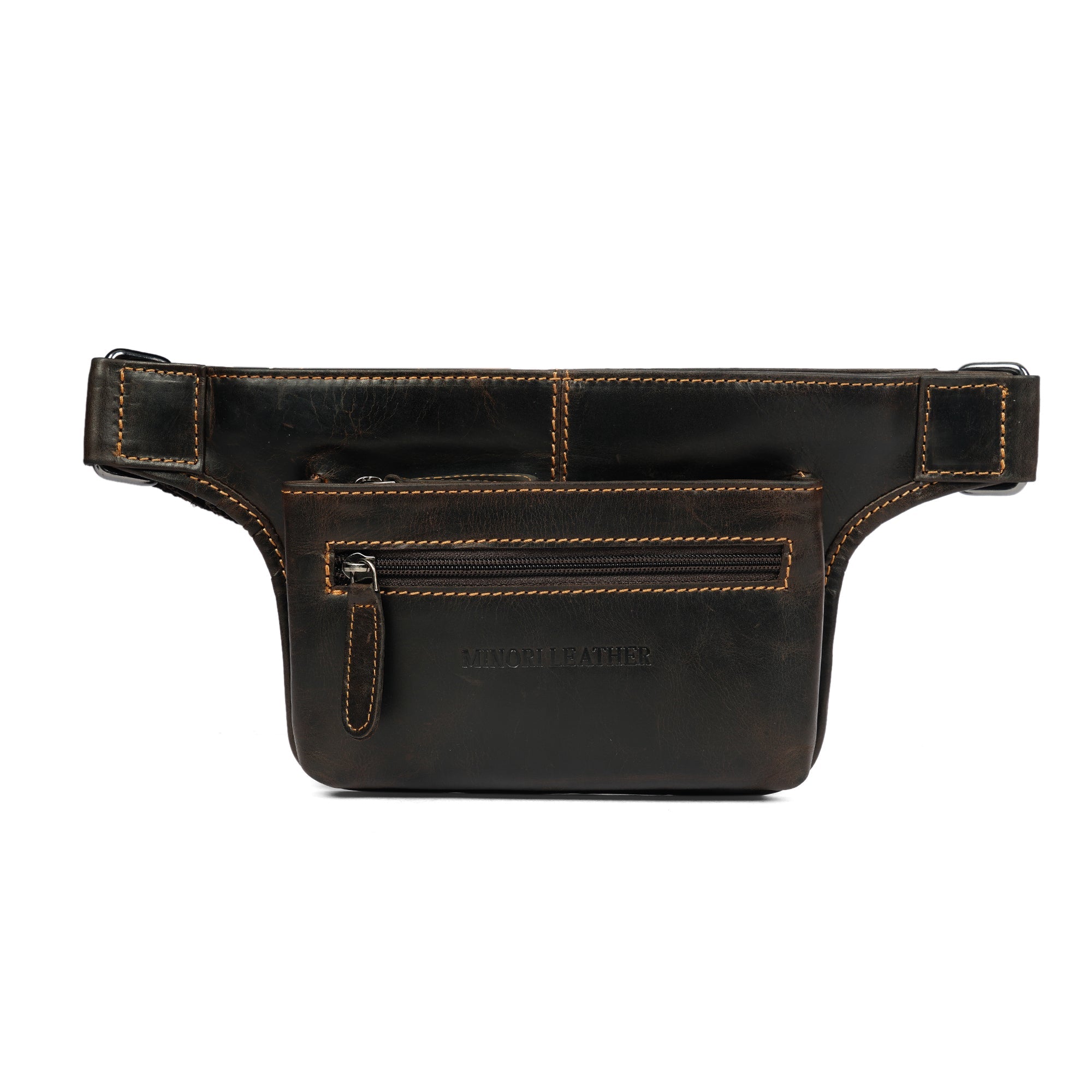 Brown Osaka Leather Belt Bag by Minori Leather, unisex fanny pack with adjustable strap and compact design.