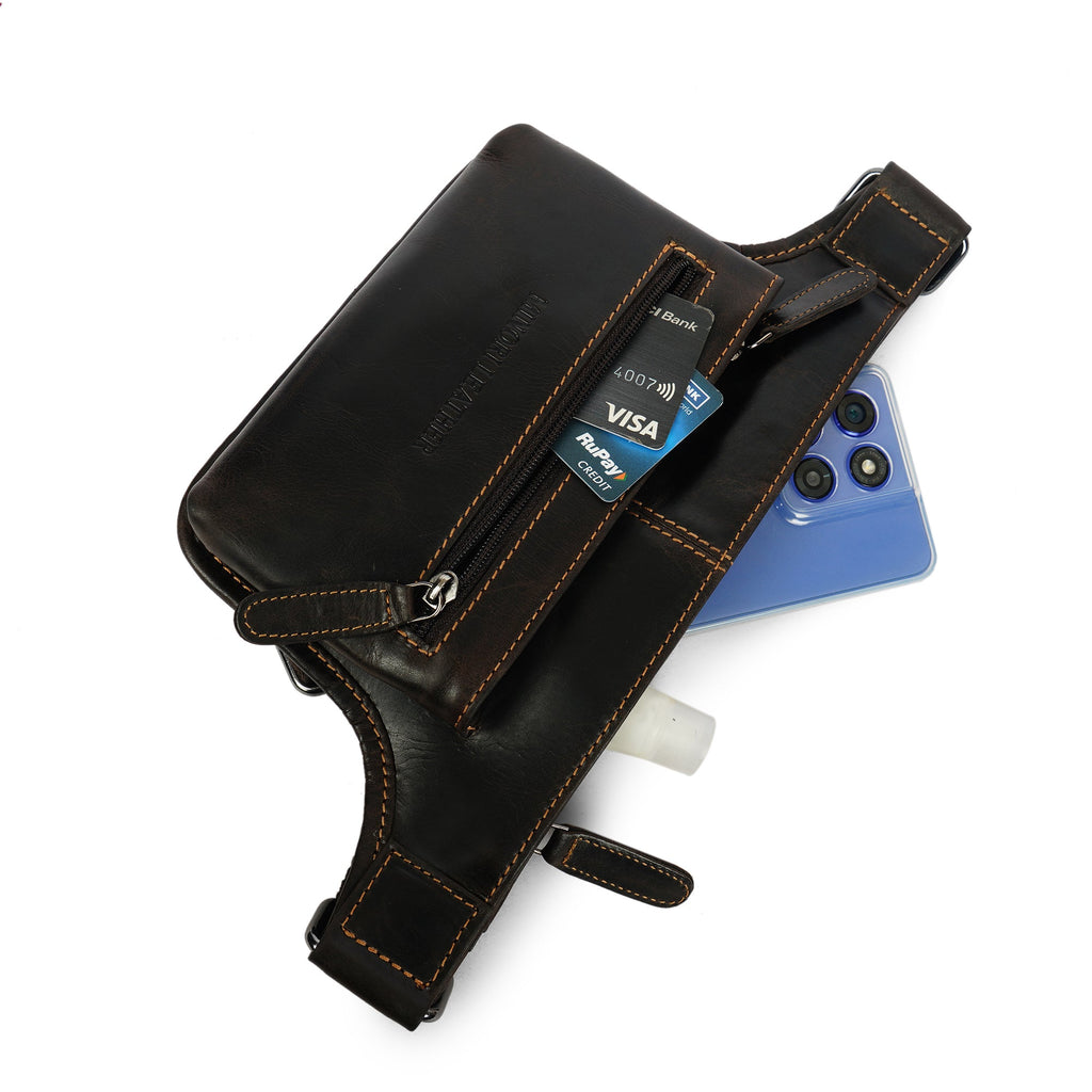 Brown Osaka Leather Belt Bag by Minori Leather, unisex fanny pack with adjustable strap and sleek leather design.