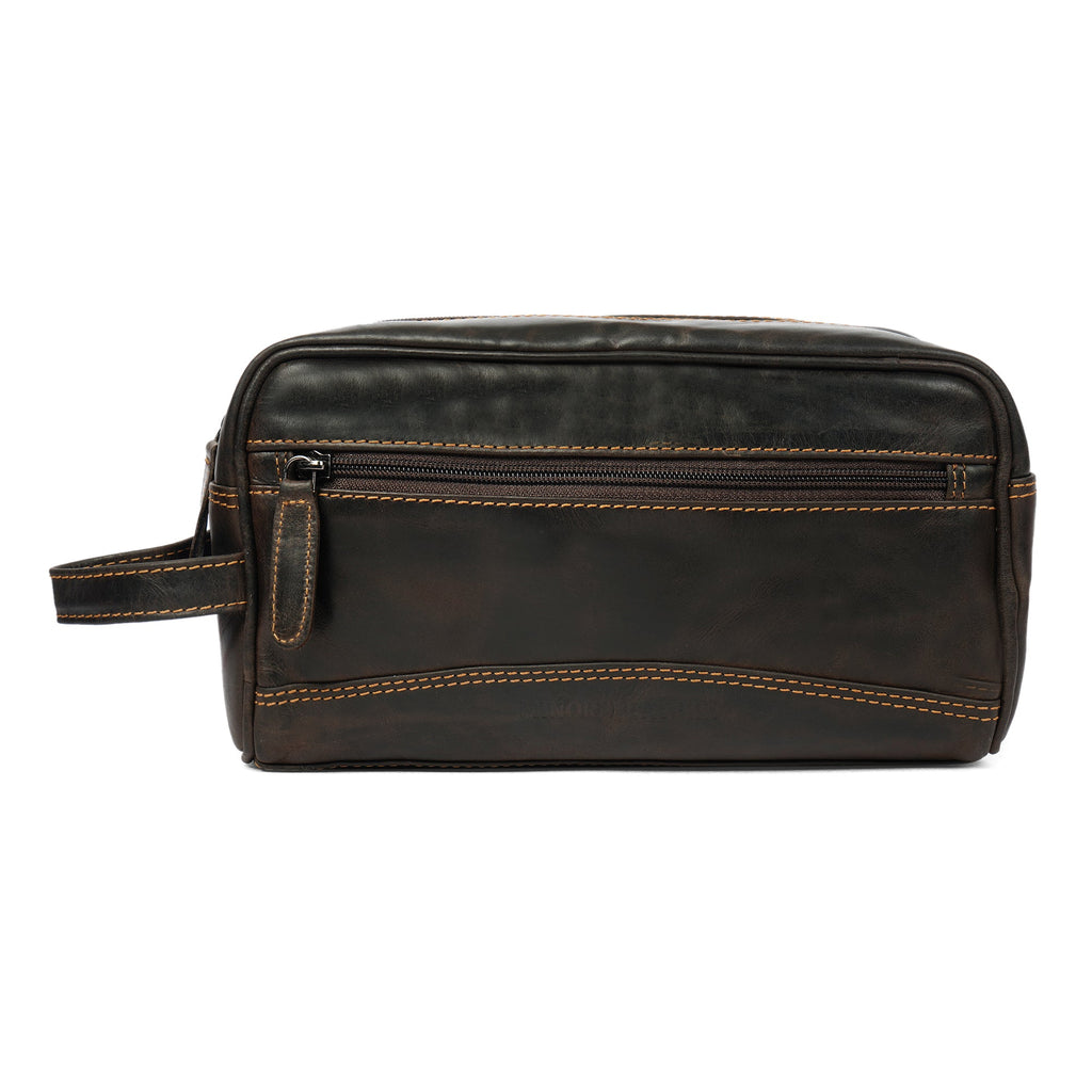 Brown leather toiletry bag for men by Minori Leather, Montana premium men's travel and grooming accessory.