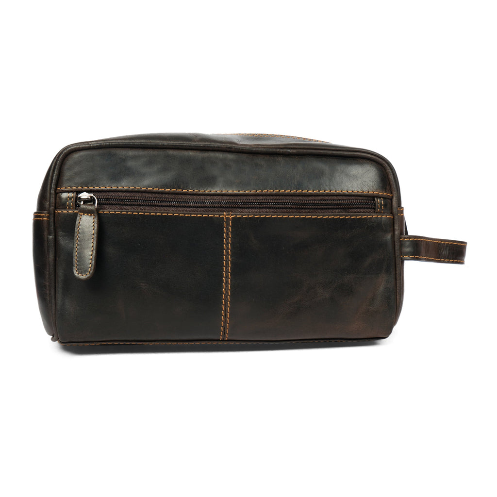 Brown premium leather toiletry bag for men by Minori Leather, Montana style, with zipper closure and compact design.