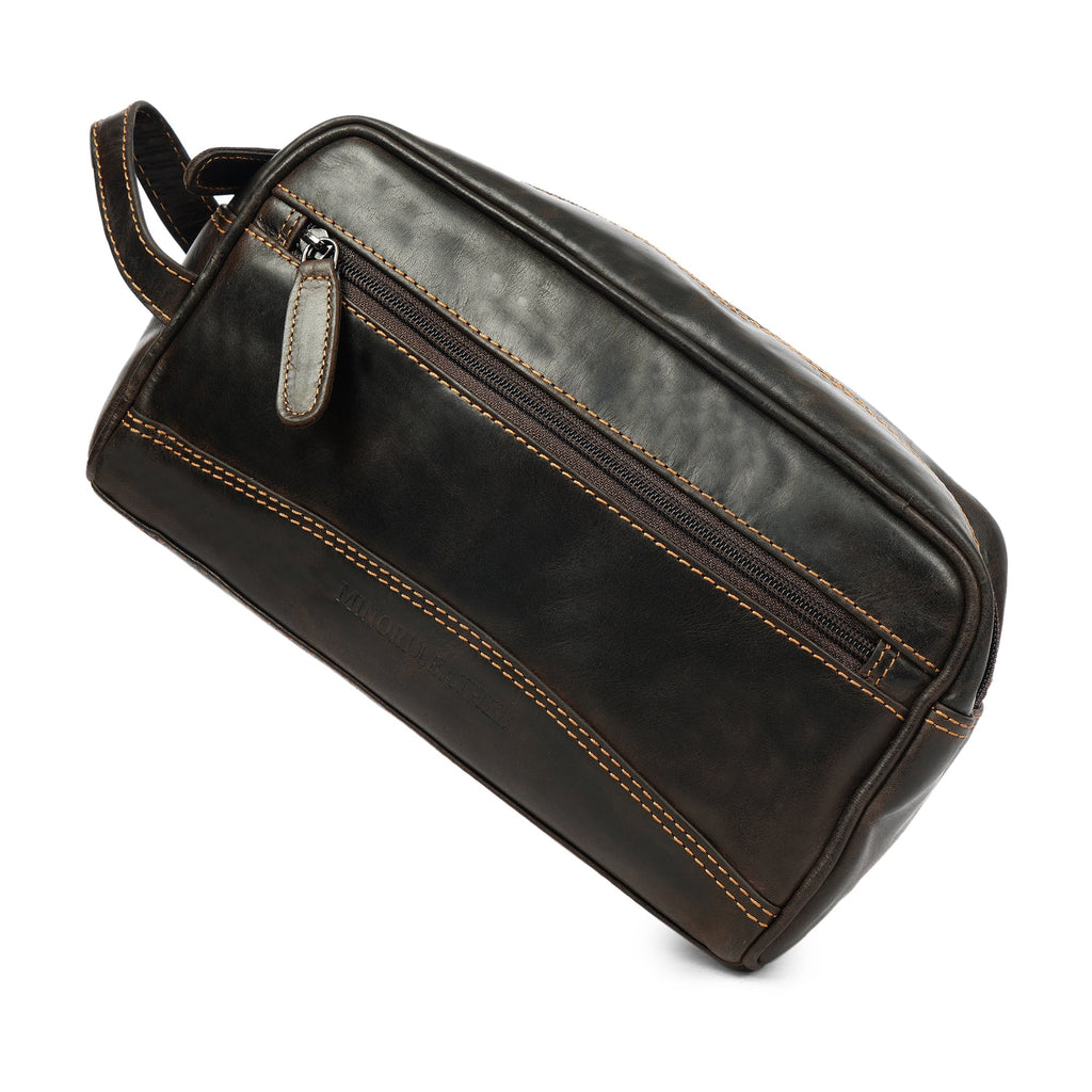 Brown leather toiletry bag for men by Minori Leather, Montana premium leather toiletry bag with organized interior.