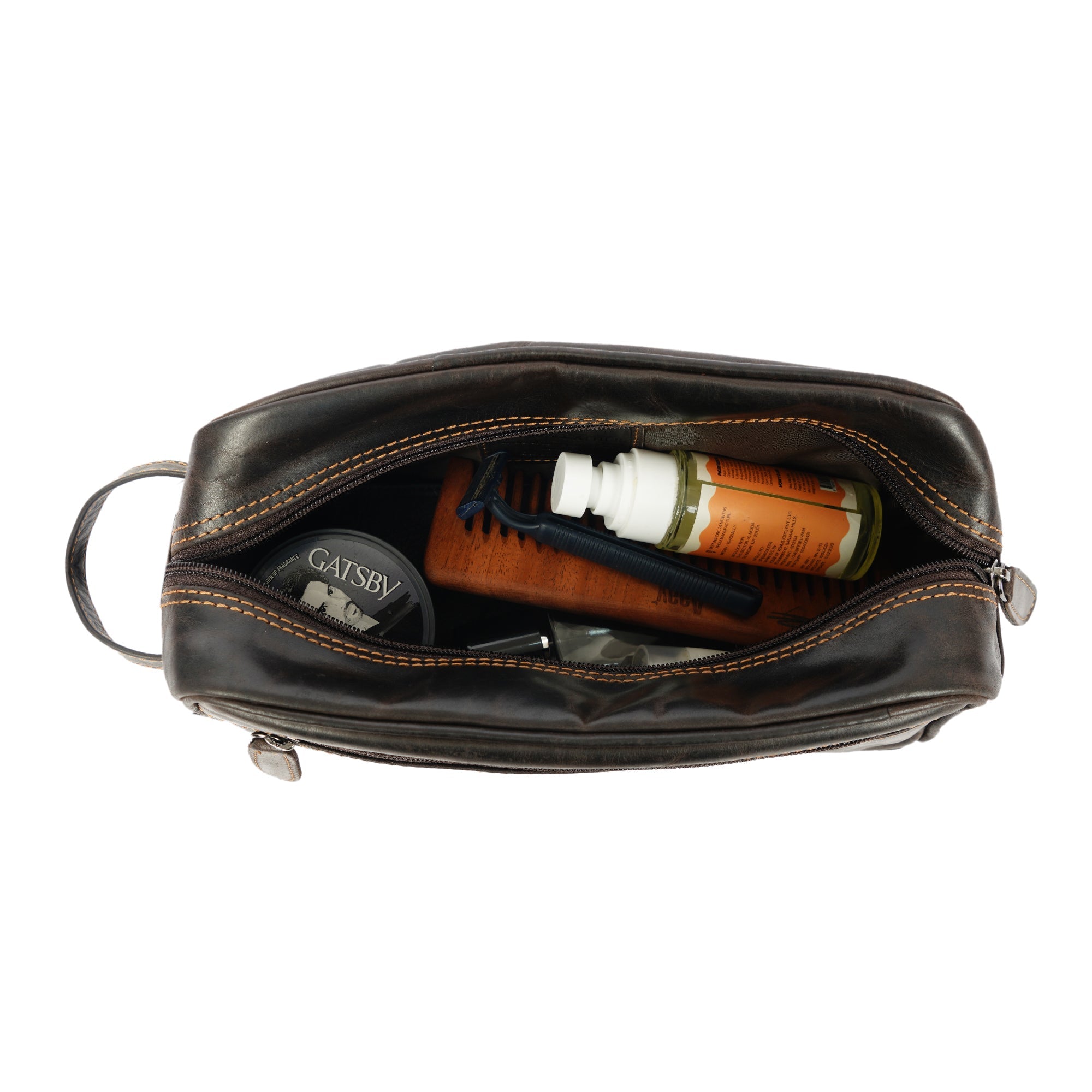 Brown premium leather toiletry bag for men by Minori Leather, Montana model, showcasing its sleek design and durable craftsmanship.