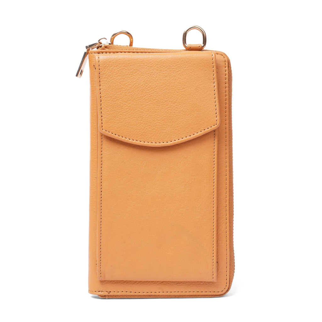 Tan Minori Leather Billie crossbody wallet bag for women with compact design and leather finish.