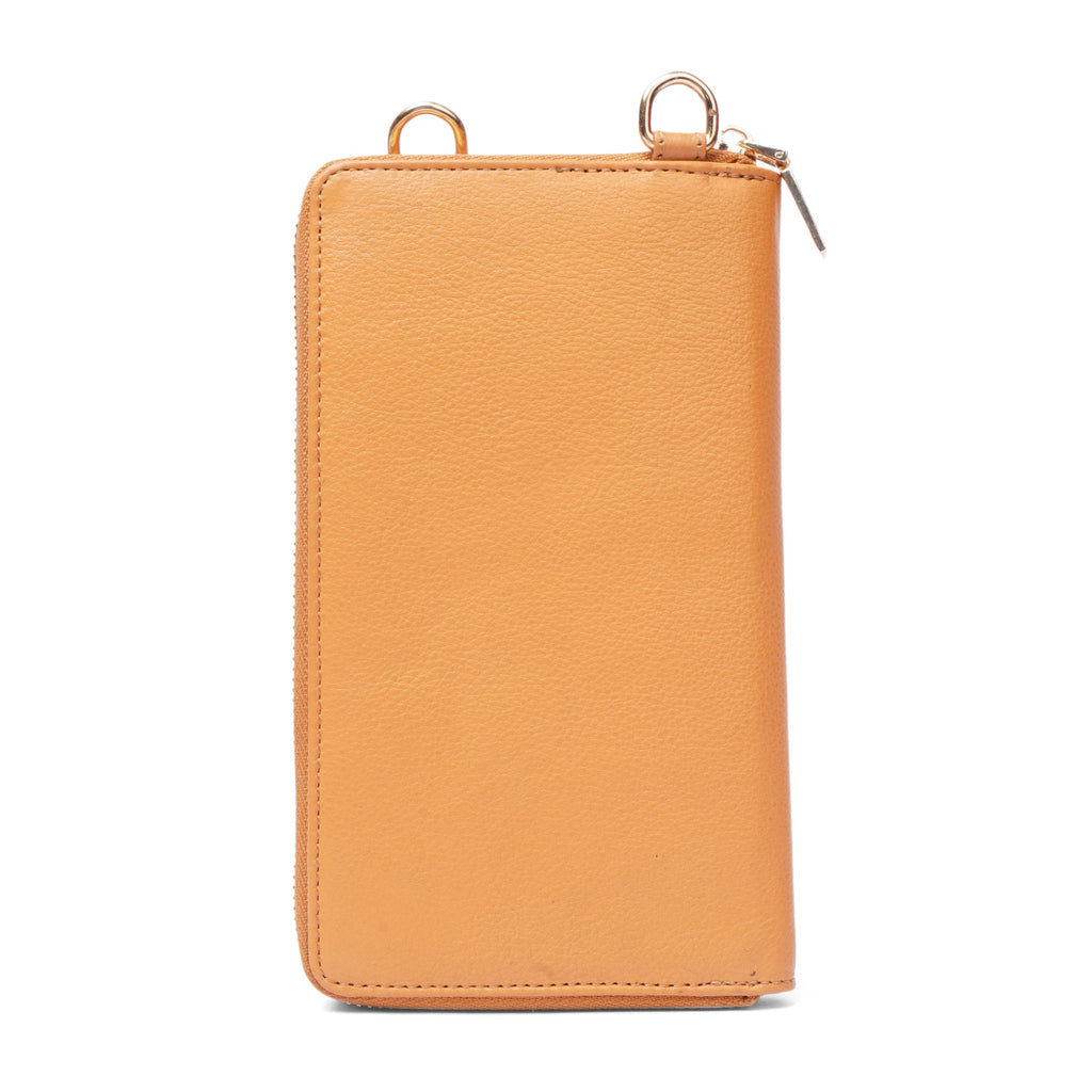 Tan Minori Leather Billie leather wallet crossbody bag for women, featuring a compact wallet design with a sleek strap.