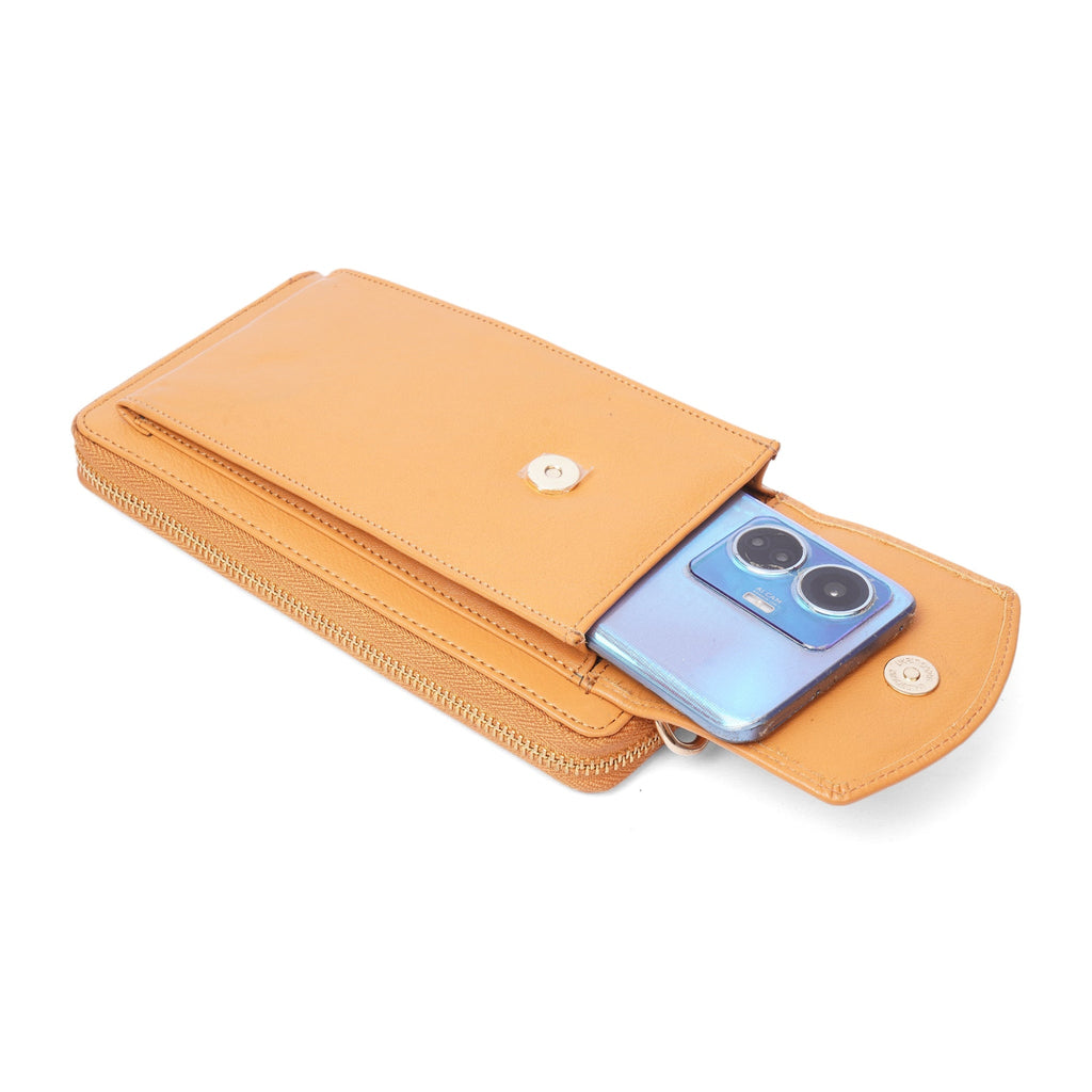 Tan Billie Leather Wallet Crossbody Bag for women by Minori Leather, featuring a sleek leather wallet design with a crossbody strap.
