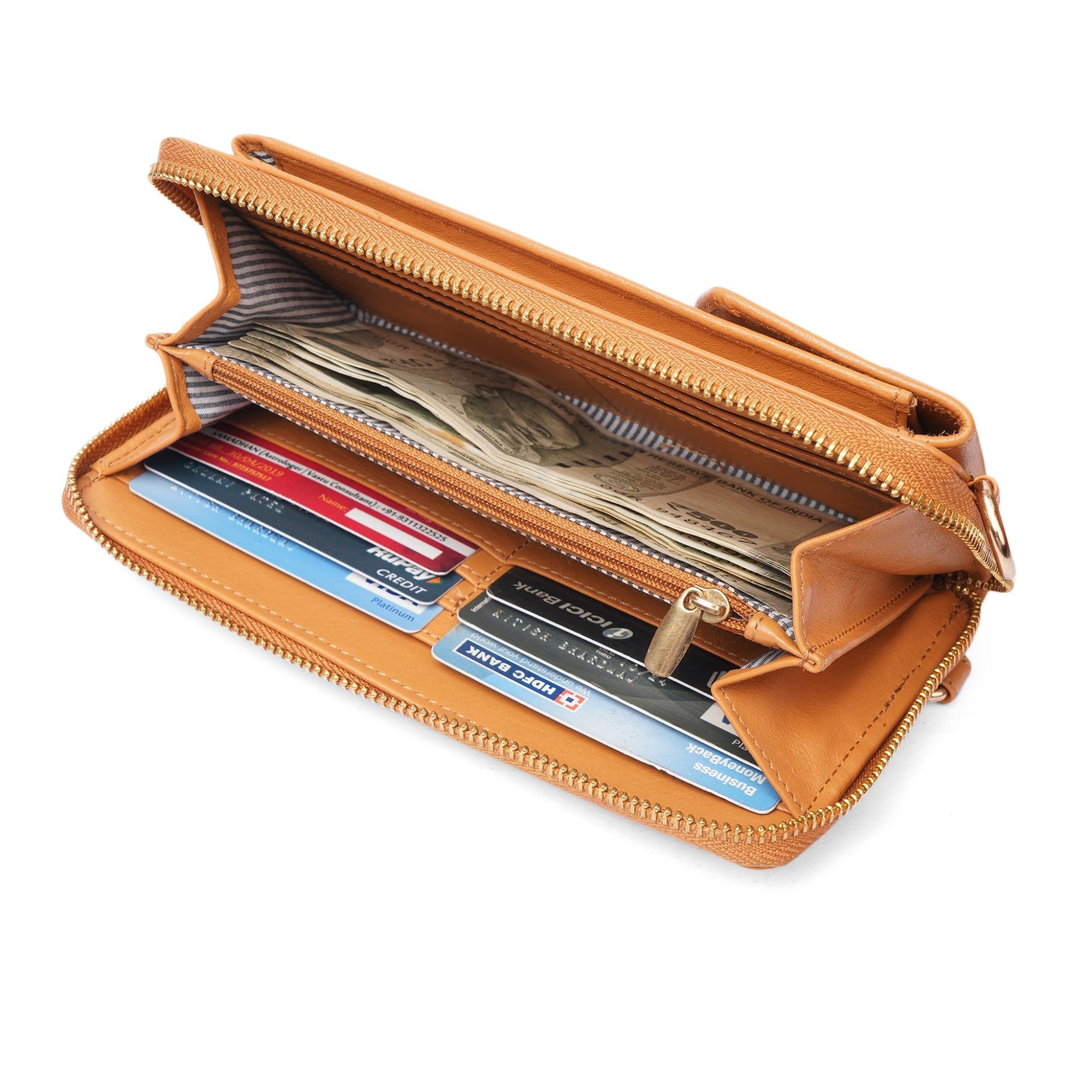 Tan Minori Leather Billie leather wallet crossbody bag for women, featuring a compact wallet design with a crossbody strap.