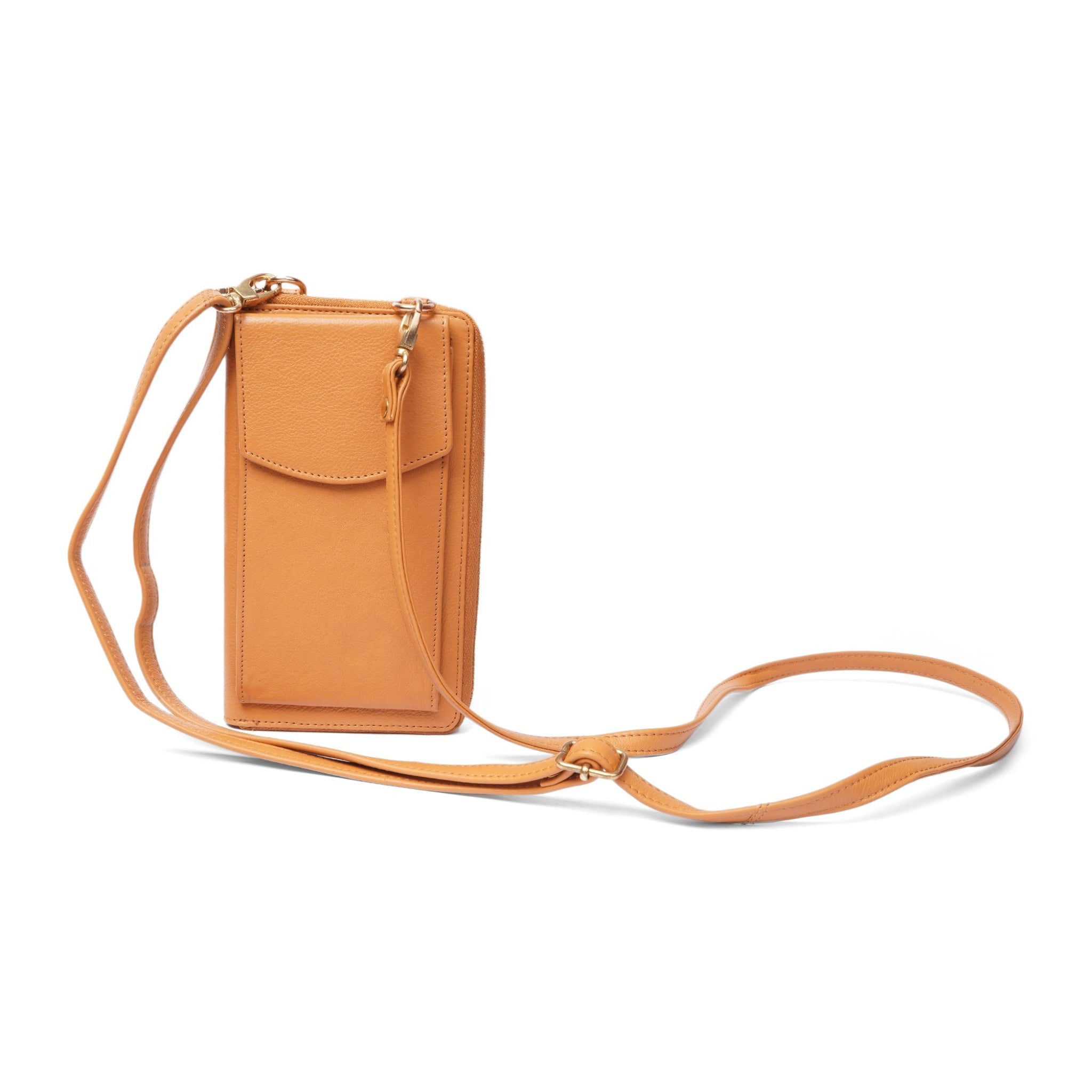 Tan Minori Leather Billie wallet crossbody bag for women, featuring a sleek leather wallet design with a shoulder strap.