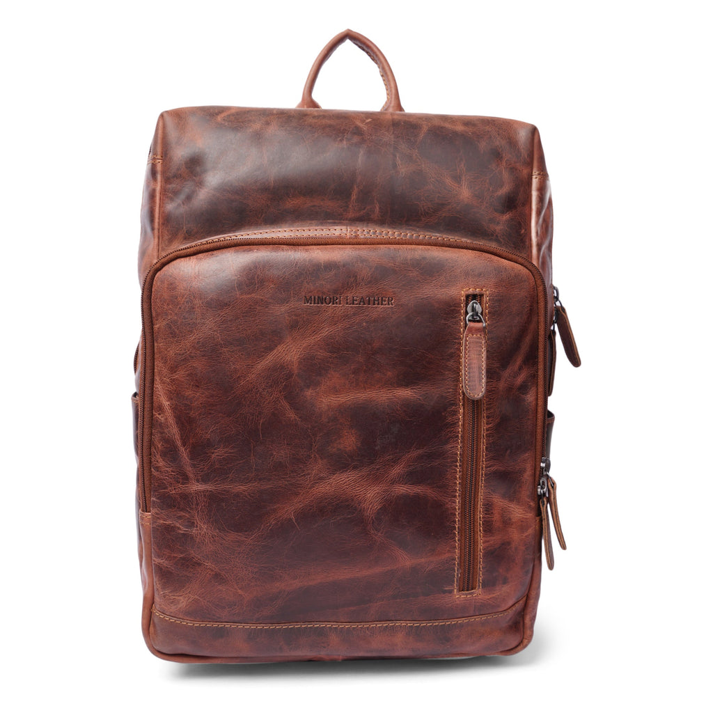 Minori Leather Oslo leather laptop backpack for 15.6-inch laptops, featuring a sleek design with multiple compartments.