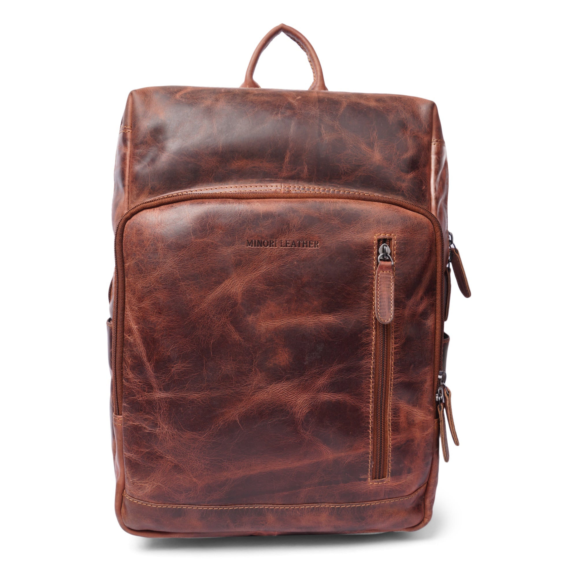 Minori Leather Oslo leather laptop backpack for 15.6-inch laptops, featuring a sleek design with multiple compartments.