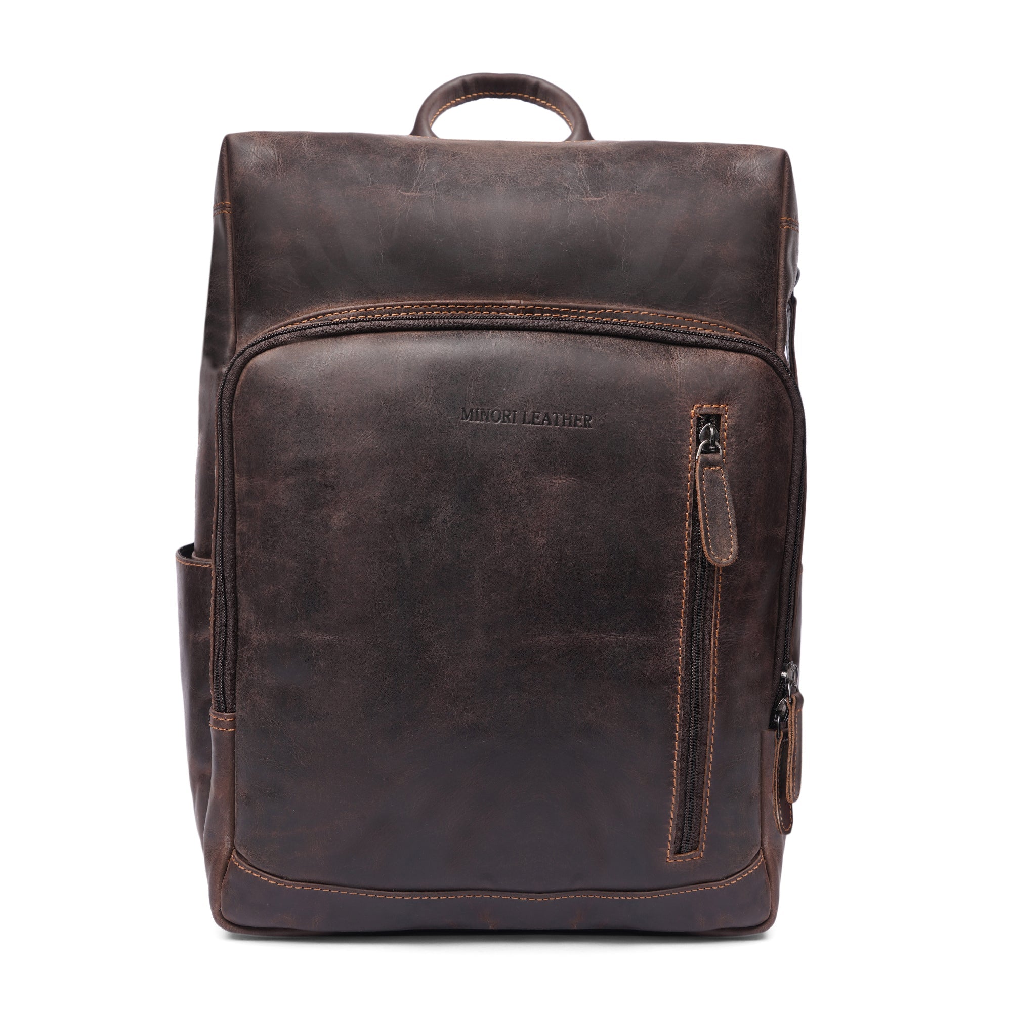 Minori Leather Oslo leather backpack for 15.6-inch laptops, featuring a stylish design and durable leather construction.