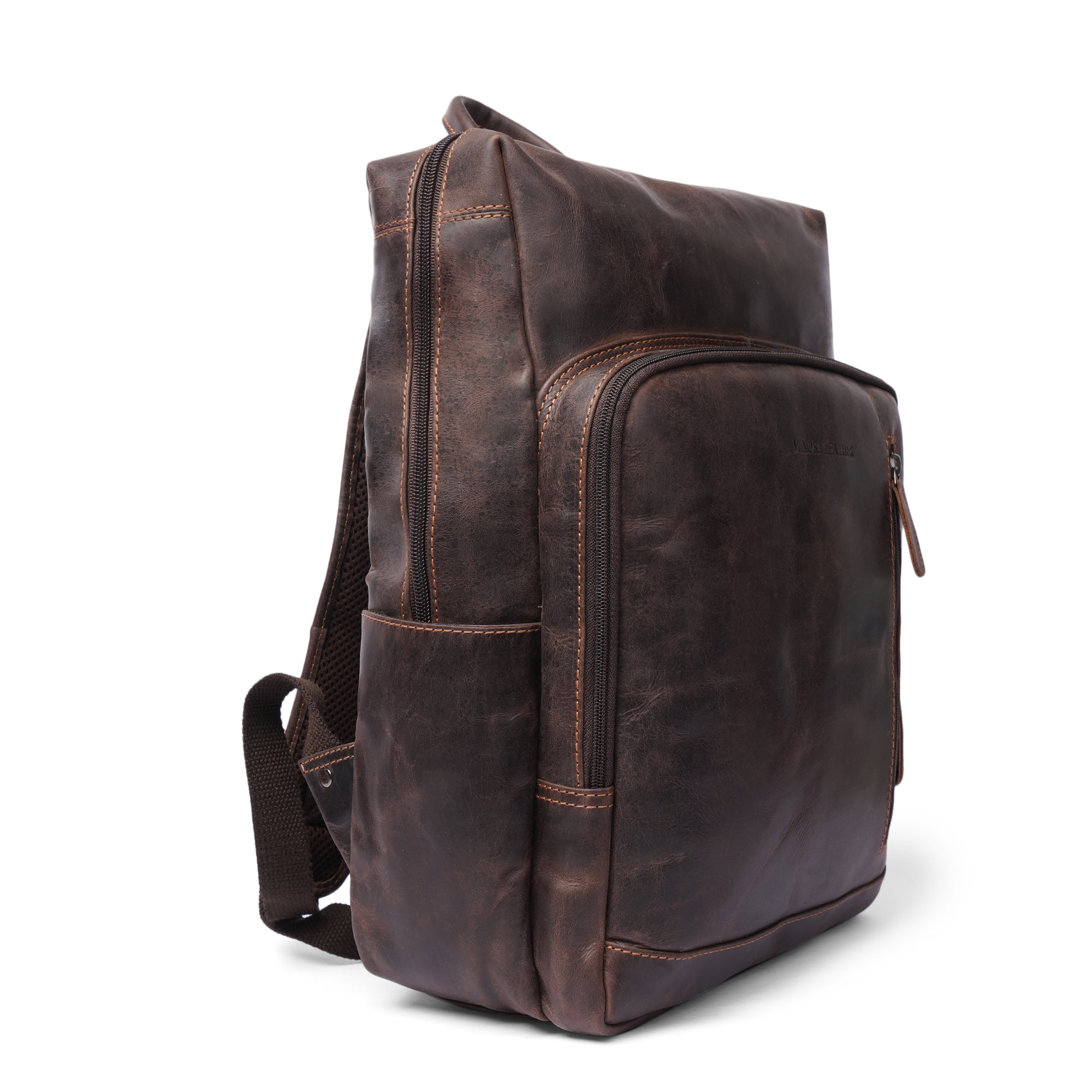 Minori Leather Oslo leather laptop backpack with 15.6-inch compartment, featuring a sleek design and durable leather construction.