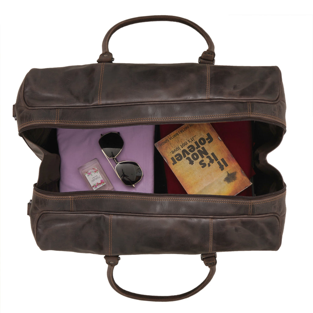 Brown Riley Leather Duffle Bag by Minori Leather with sturdy handles and spacious interior, designed for travel and weekend trips.
