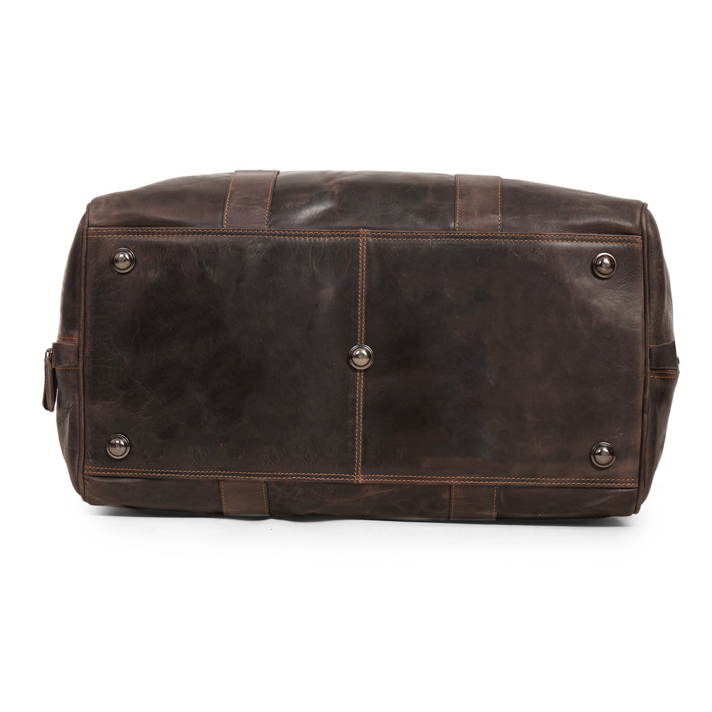 Brown Riley Leather Duffle Bag by Minori Leather, featuring durable leather construction and spacious design for travel.