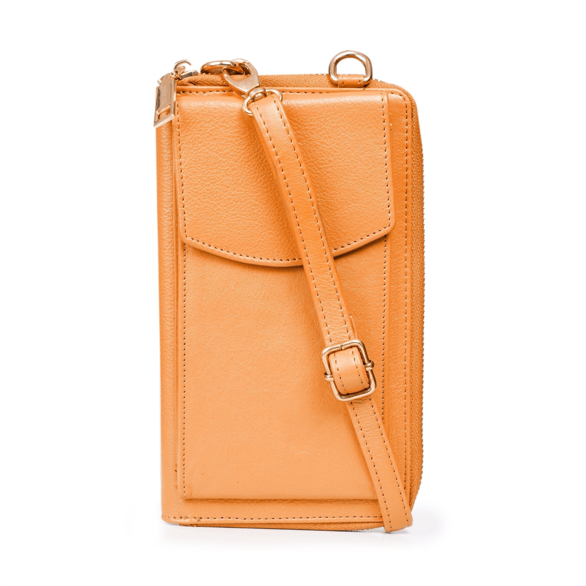 Tan Billie leather wallet crossbody bag for women by Minori Leather, showcasing its compact design and sleek leather finish.
