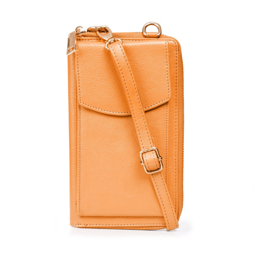 Tan Billie leather wallet crossbody bag for women by Minori Leather, showcasing its compact design and sleek leather finish.