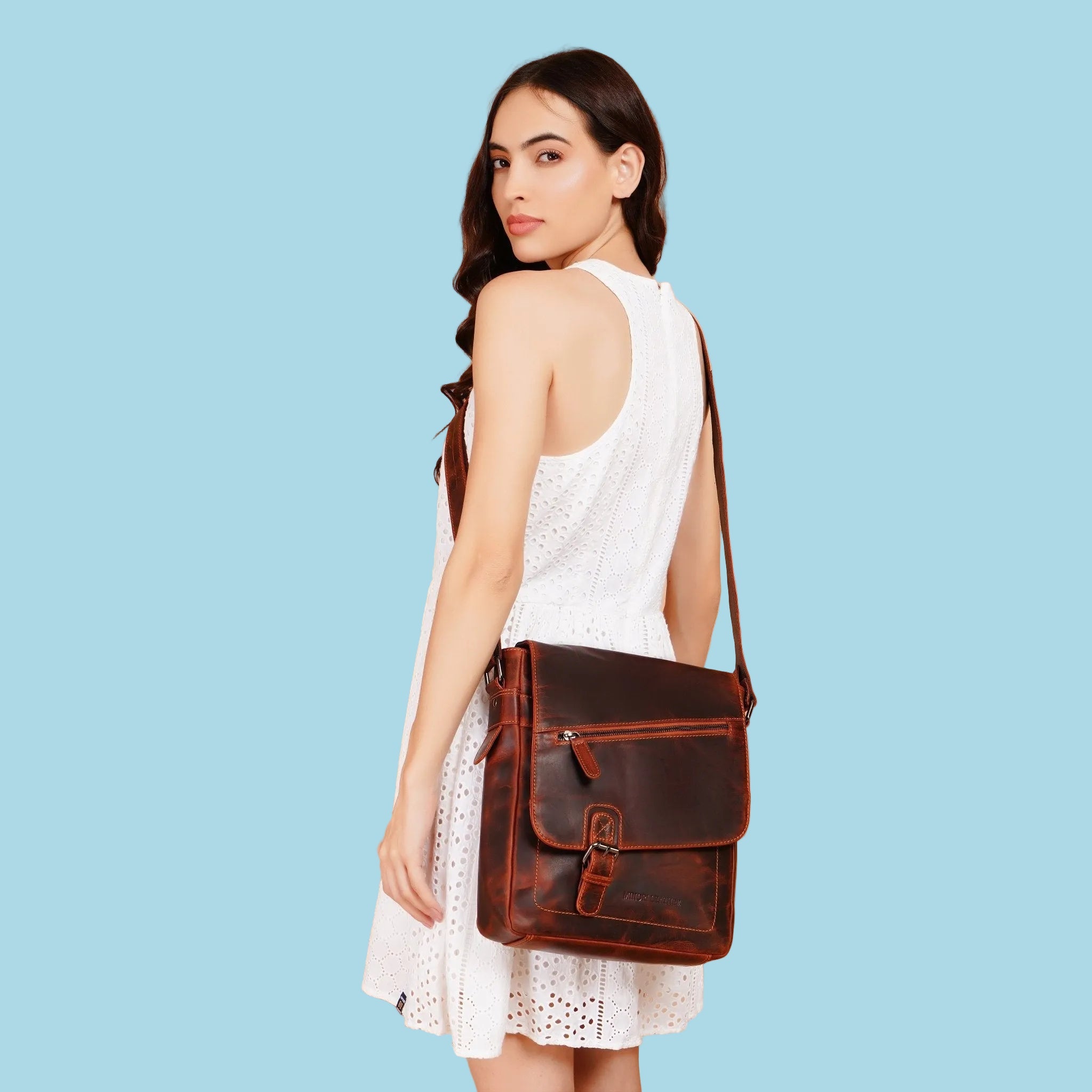 Minori Leather Raleigh leather satchel bag in chestnut, crossbody style with adjustable strap and classic design.