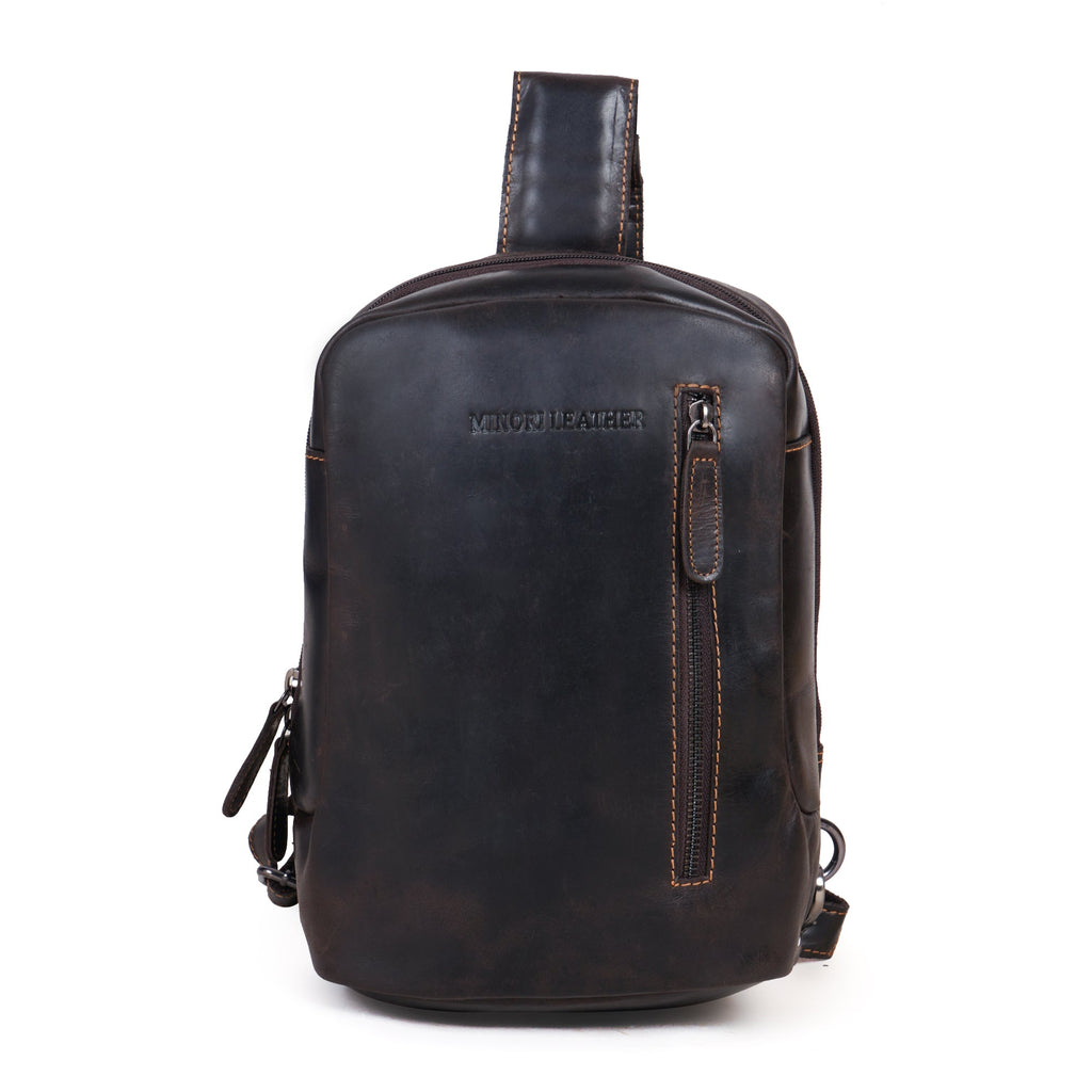 Brown Minori Leather Luxe Leather Sling Bag, unisex crossbody bag with sleek leather design and adjustable strap.