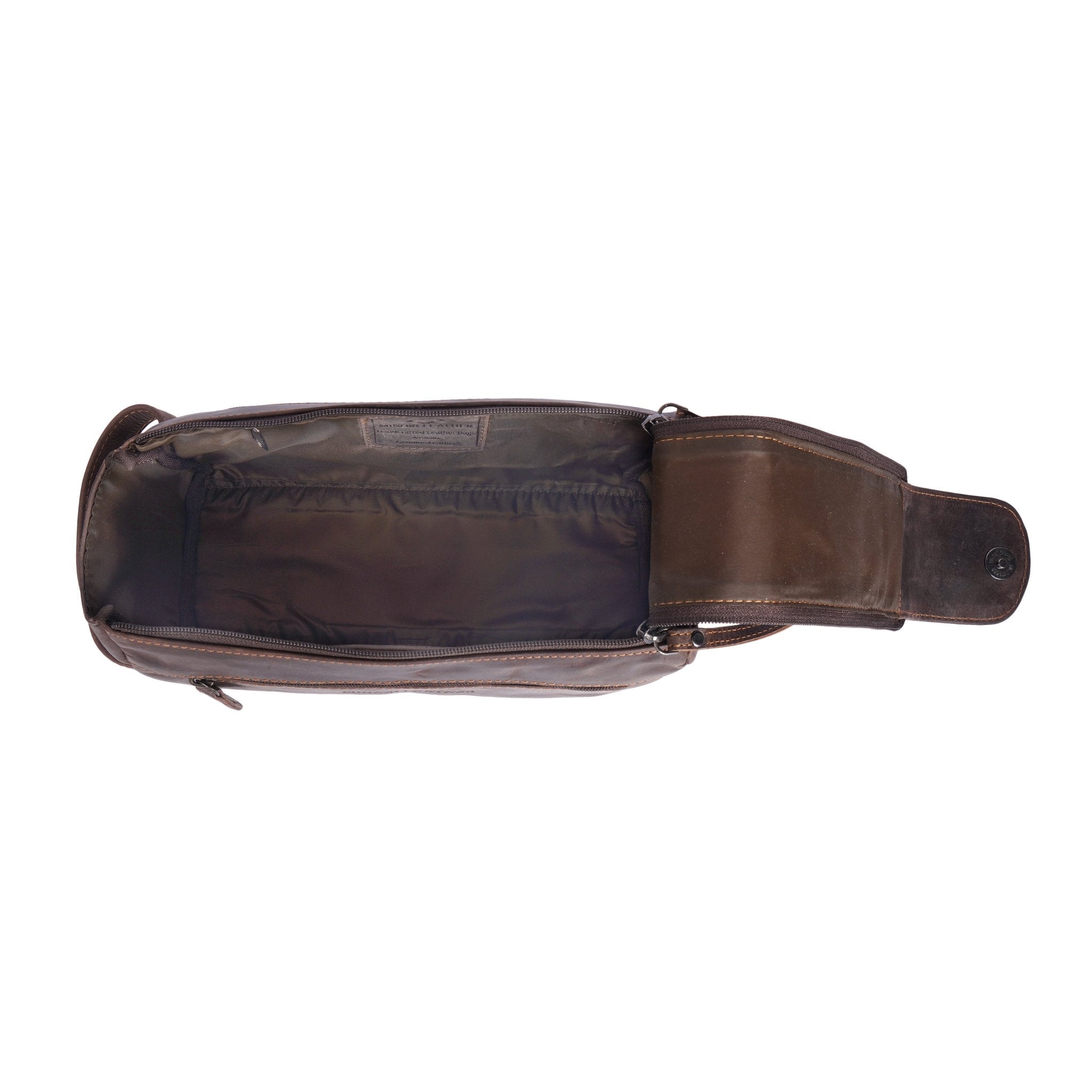 Brown premium leather toiletry bag for men by Minori Leather, featuring a sleek design and durable construction for travel use.