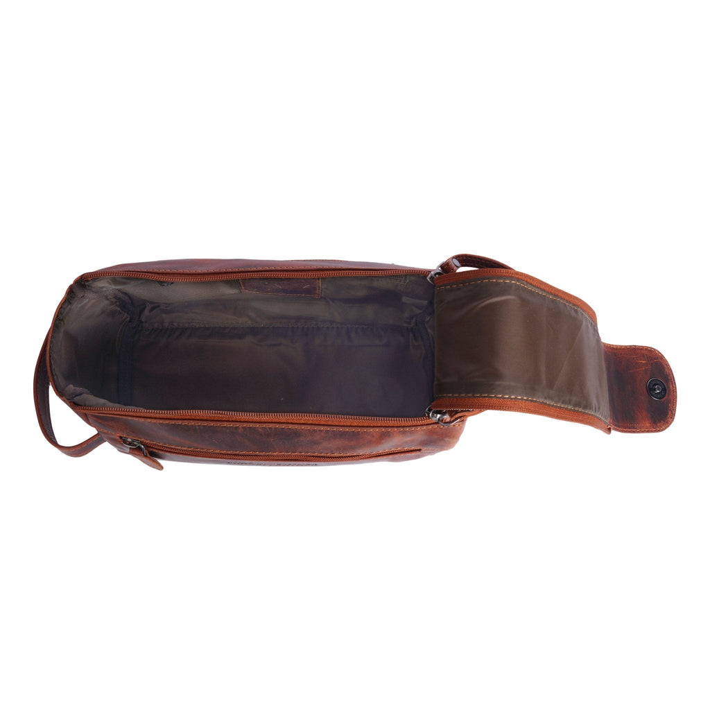 Leather toiletry bag for men by Minori Leather, premium chestnut leather with sturdy zipper and organized interior.
