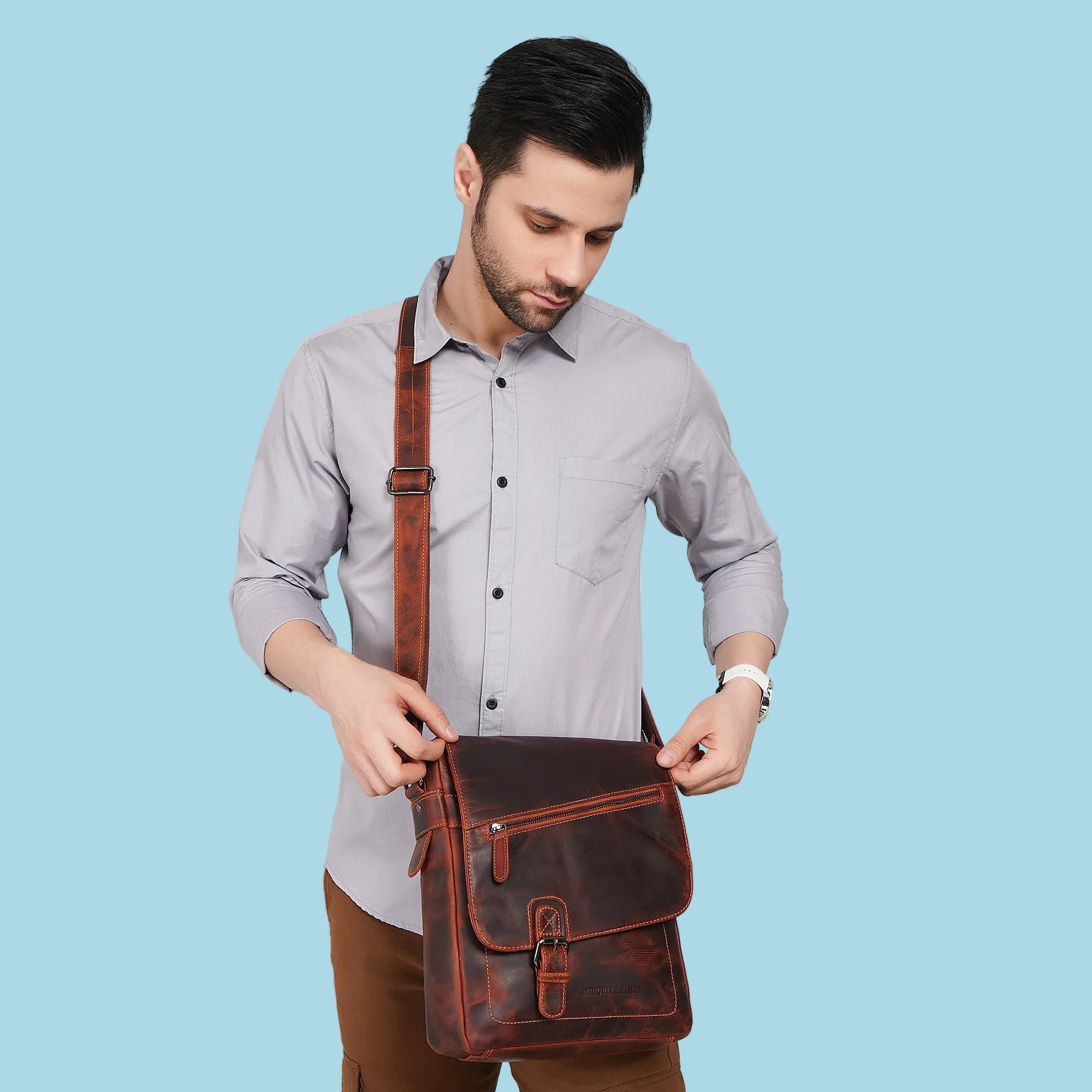 Minori Leather Raleigh leather satchel bag in chestnut, crossbody style with adjustable strap and classic design.