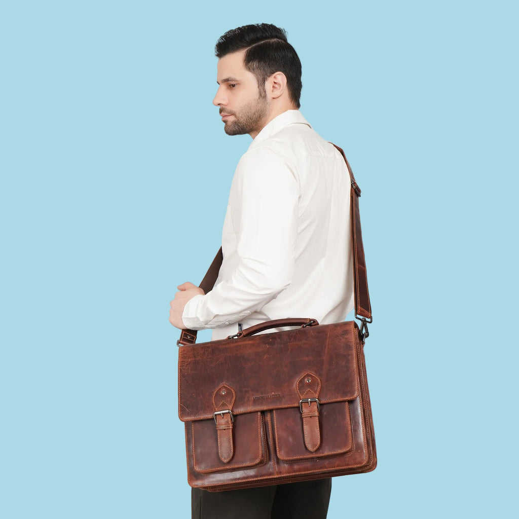 Minori Leather Cambridge leather briefcase bag with sturdy handles and sleek design, perfect for professional use.