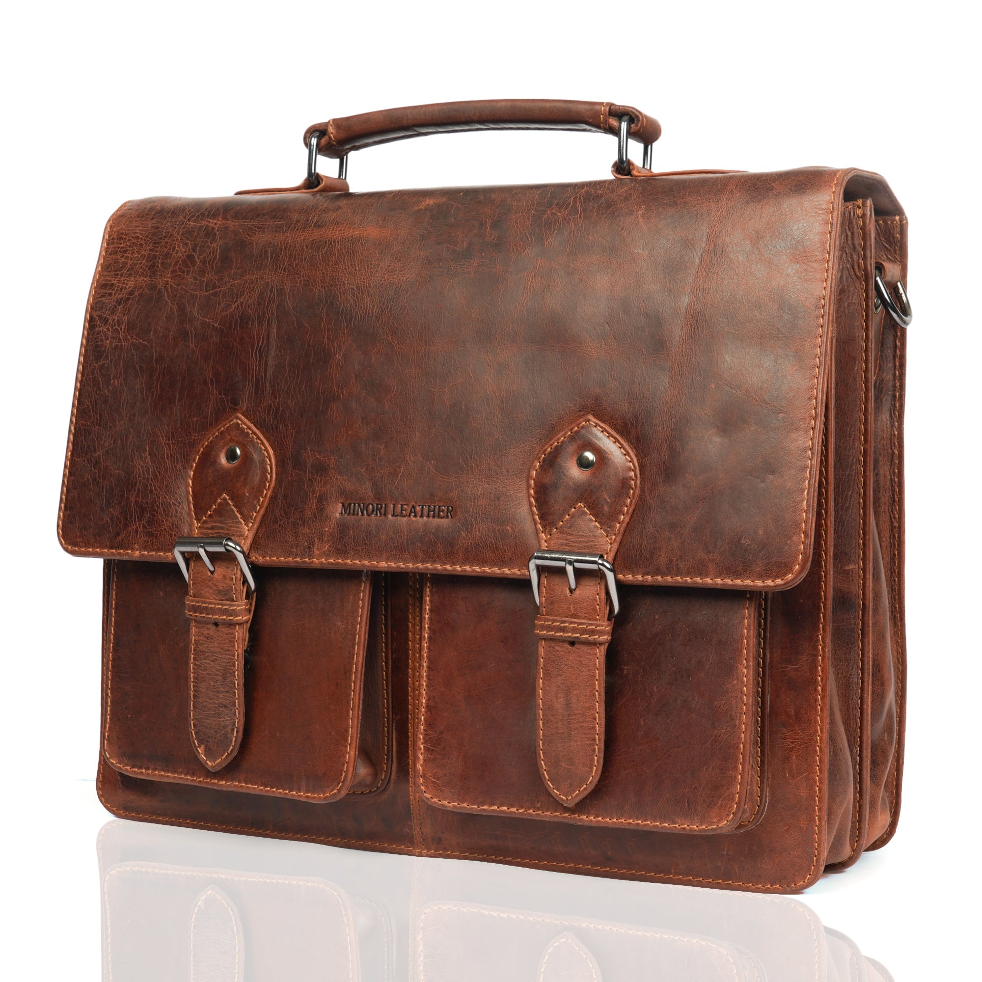 Minori Leather Cambridge leather briefcase bag with sturdy handles and sleek design, ideal for professional use.