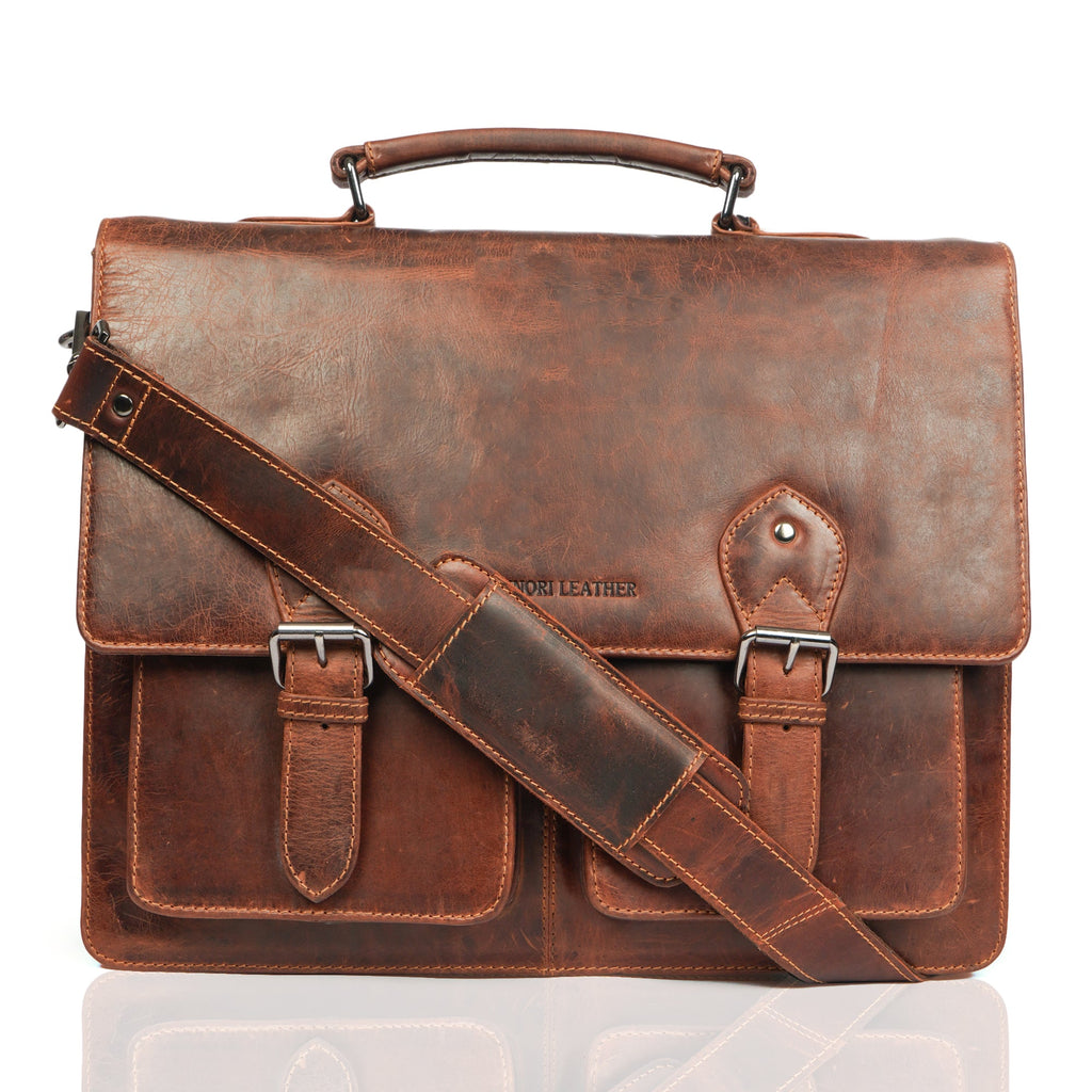 Minori Leather Cambridge leather briefcase bag with sturdy handles and classic design, ideal for professional use.