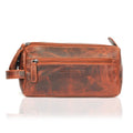 Leather toiletry bag for men by Minori Leather, premium chestnut color, with zipper closure and spacious interior.