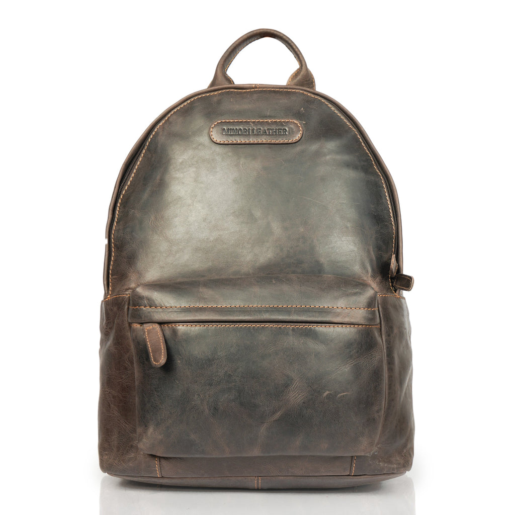 Minori Leather Garth Leather Backpack showing front view with adjustable straps and spacious main compartment.