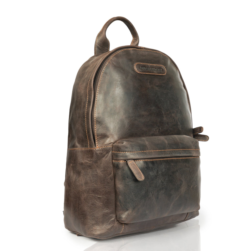 Minori Leather Garth Leather Backpack with adjustable straps and multiple compartments, made from high-quality leather.
