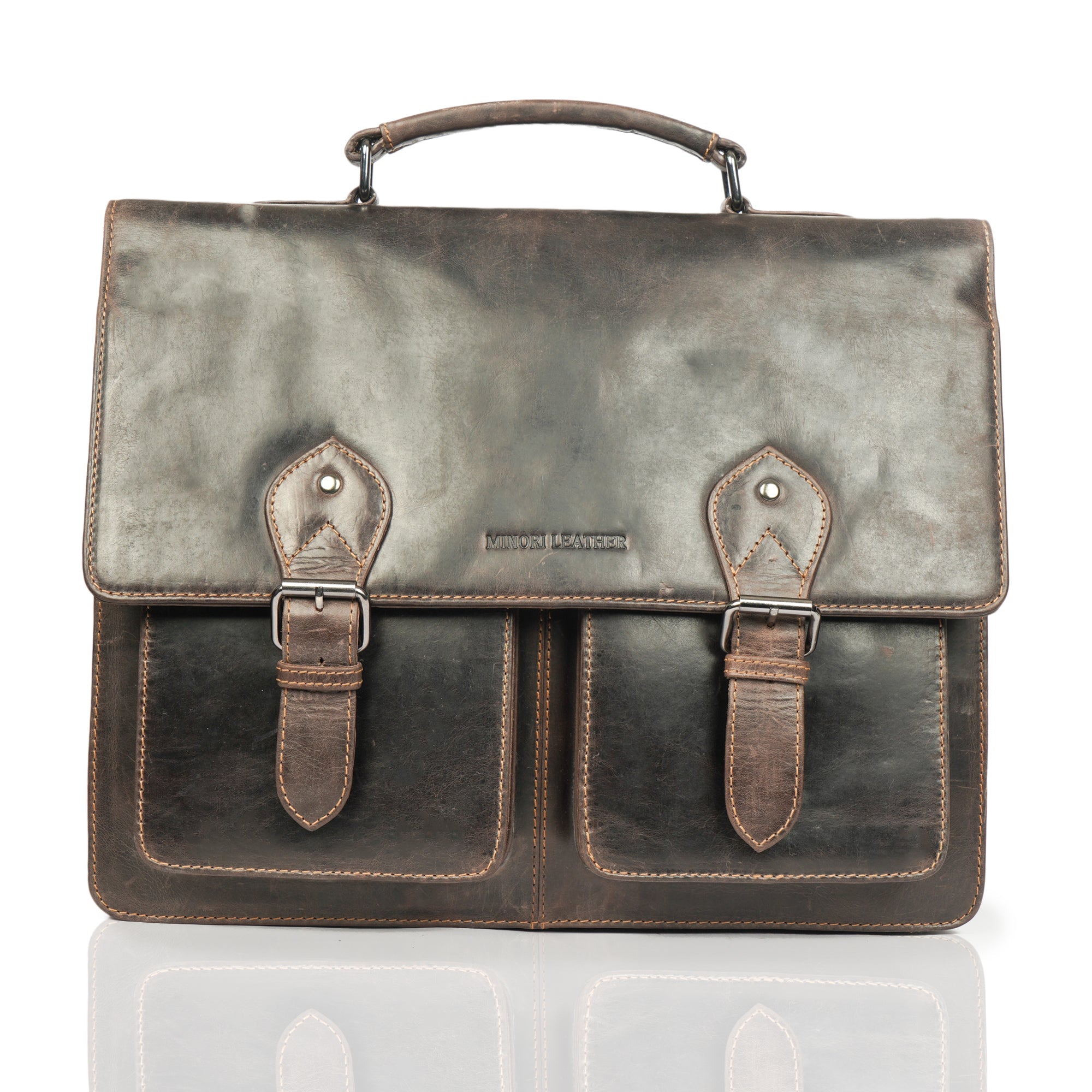 Minori Leather Cambridge leather briefcase bag with handles, front pocket, and sleek design for professional use