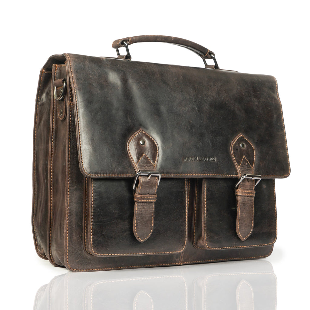 Minori Leather Cambridge leather briefcase bag with sturdy handle and front pocket, ideal for professional use.