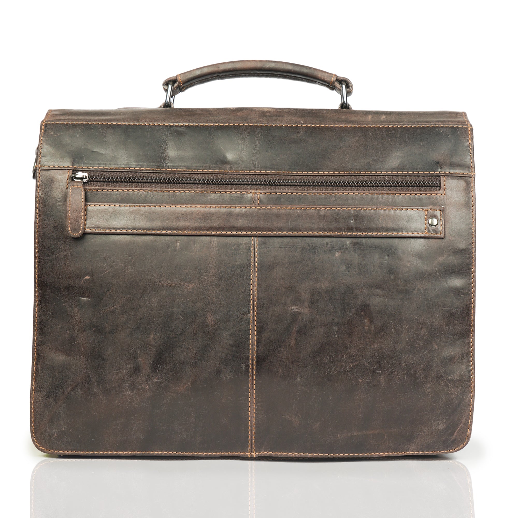 Minori Leather Cambridge leather briefcase bag with top handle, front pocket, and sleek design for professional use