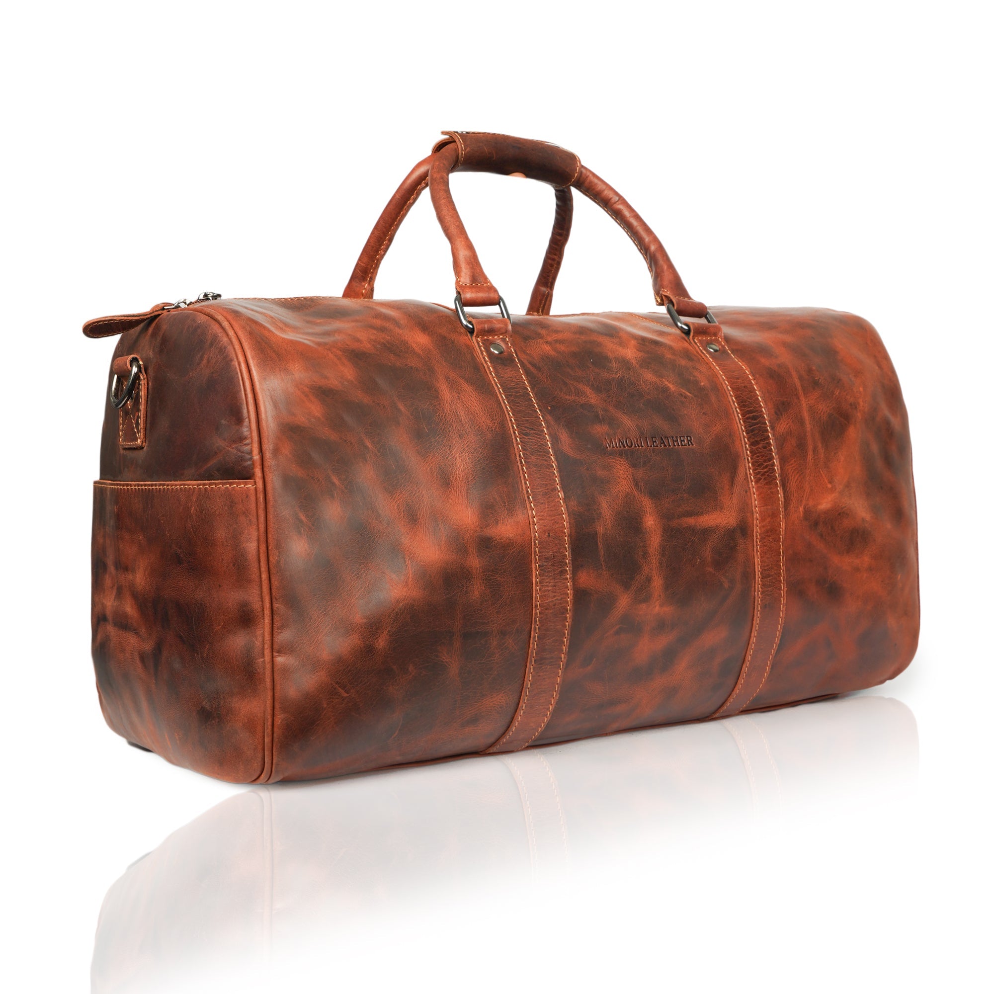 Minori Leather Jackson Leather Weekender Duffle Bag with sturdy handles and spacious interior, crafted from high-quality leather.
