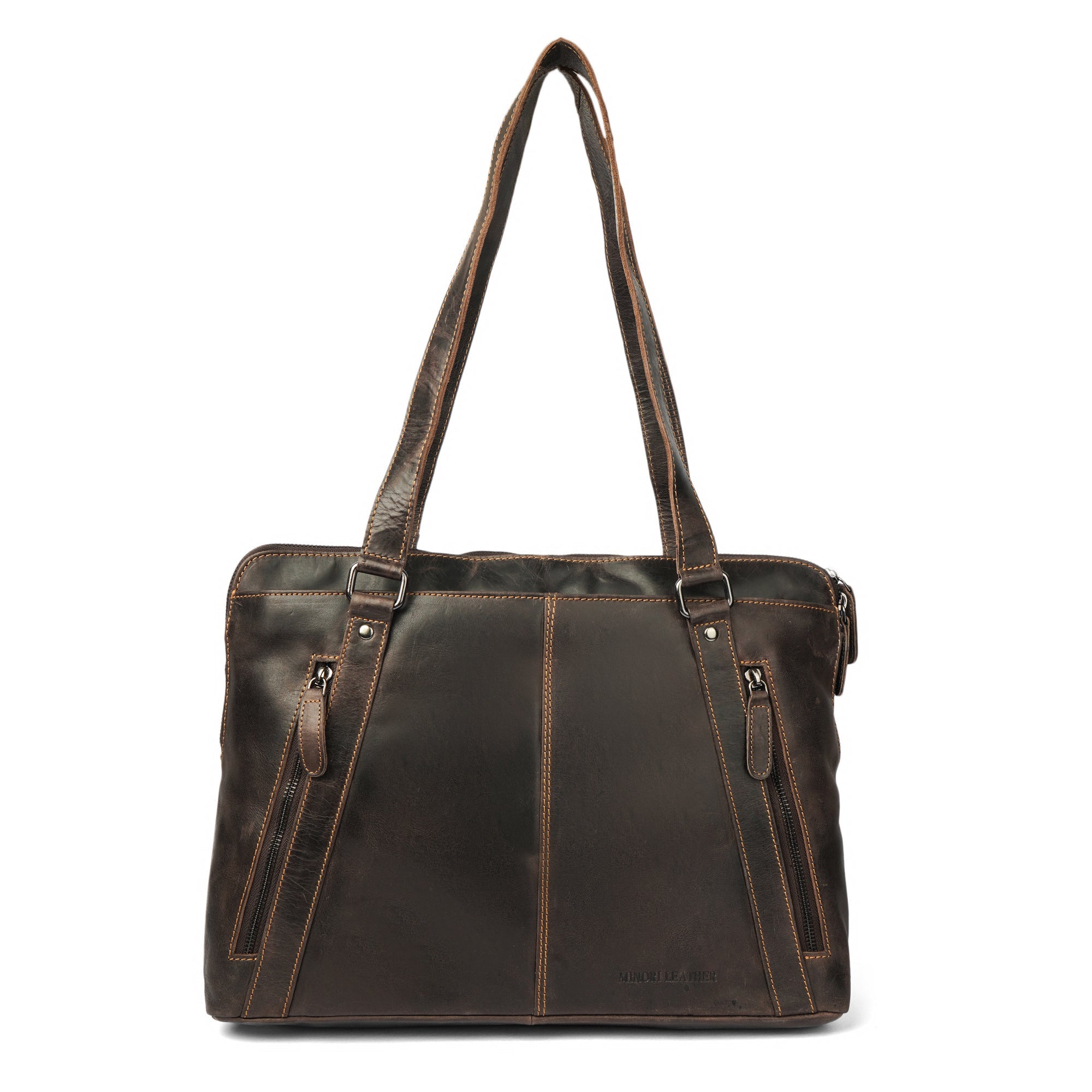 Minori Leather Camille leather tote bag with laptop compartment, stylish brown leather tote for work or travel.