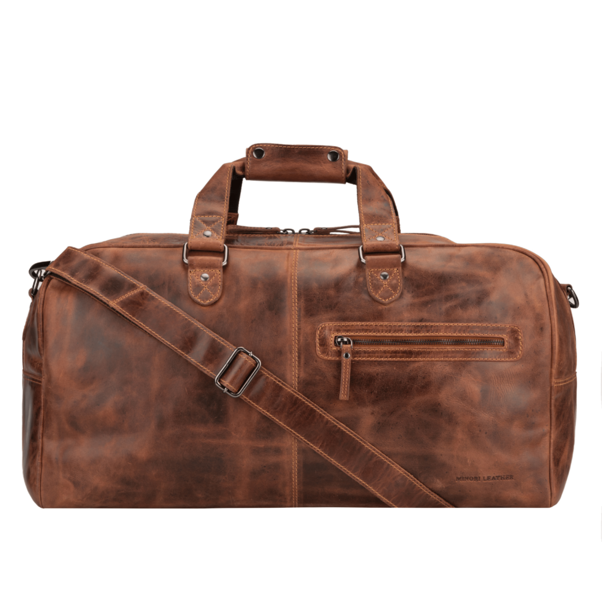 Minori Leather Hudson leather duffle bag in chestnut, unisex travel bag with handles and shoulder strap, showcasing its spacious design.