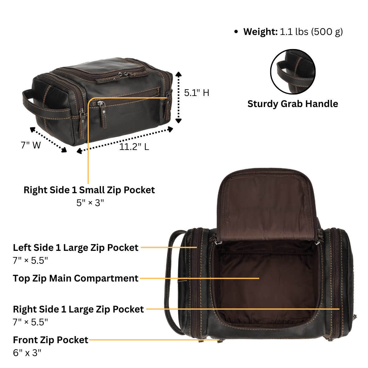 Brown leather toiletry bag for men by Minori Leather, featuring a sleek design and durable craftsmanship.