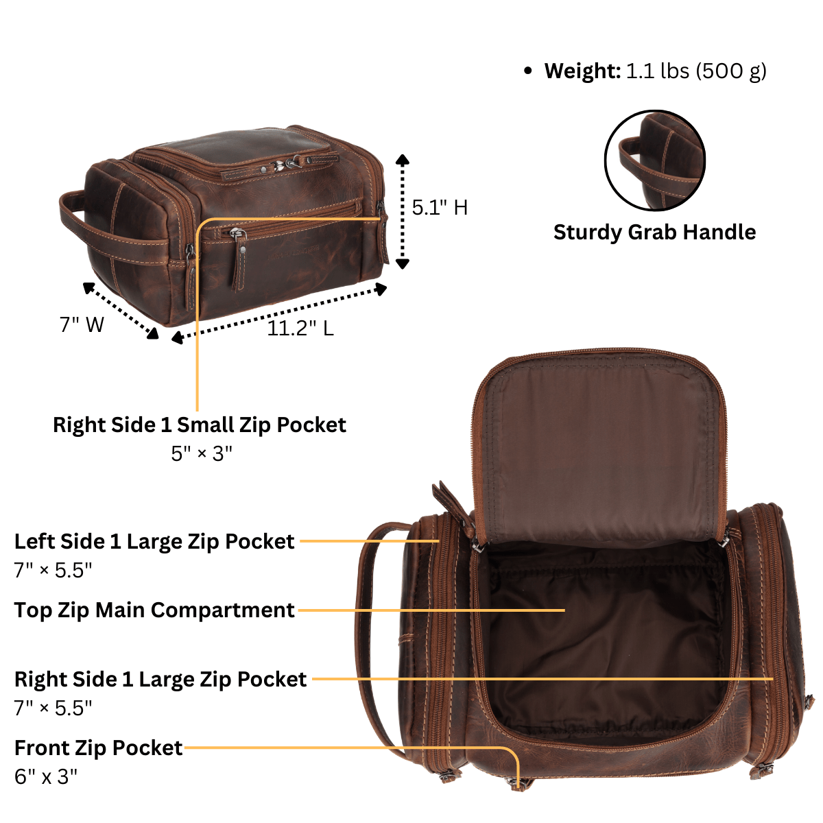 Minori Leather Winston men's leather toiletry bag in chestnut with detailed stitching and sturdy zipper closure.