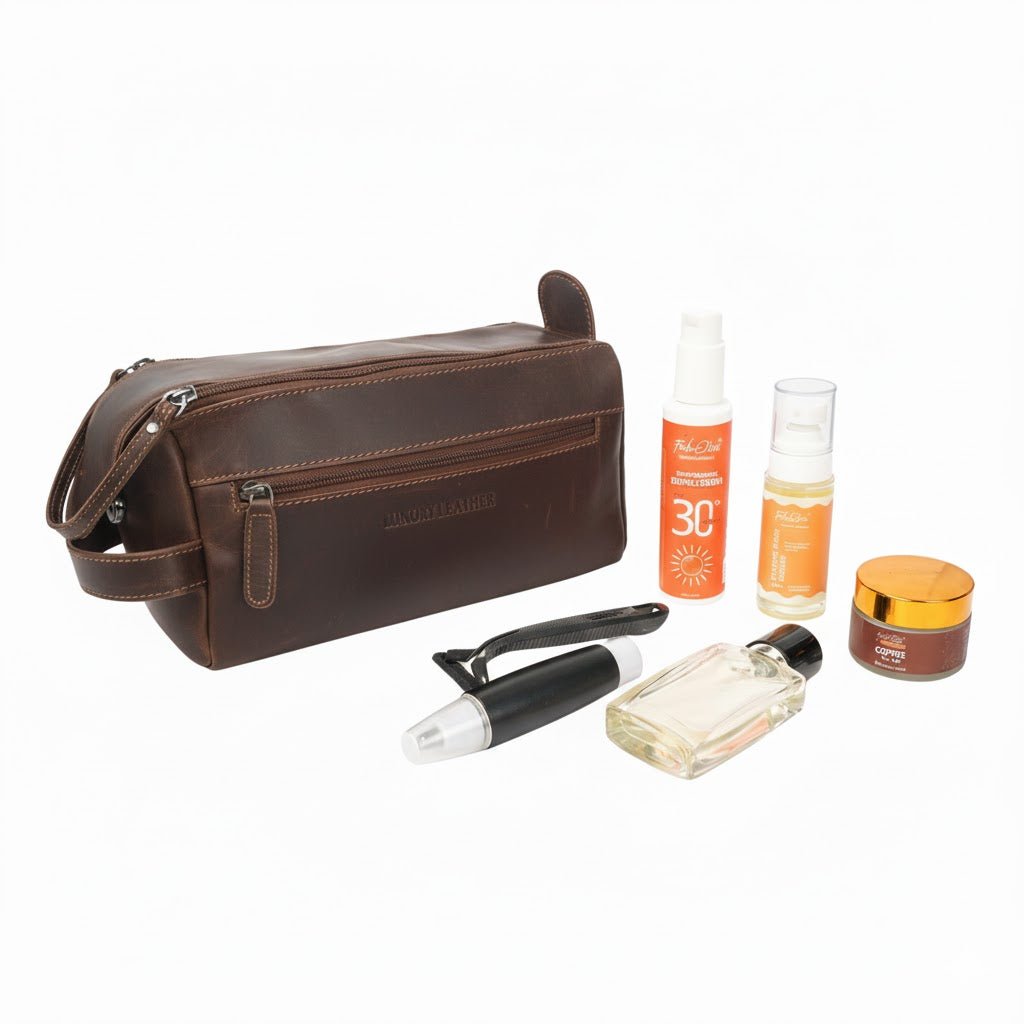 Brown premium leather toiletry bag for men by Minori Leather, compact and durable with stitched detailing.